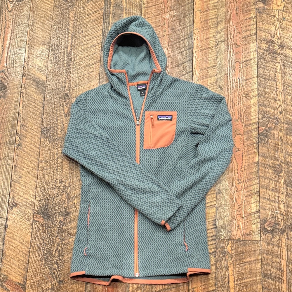 Patagonia Teal Hooded Zip Jacket with Coral Accents